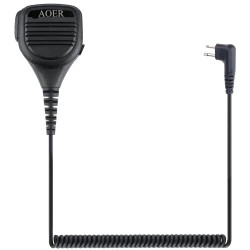 AOER Walkie Talkie Handheld Speaker Microphone with PTT (2-Pin, Coiled Cable, Clip)